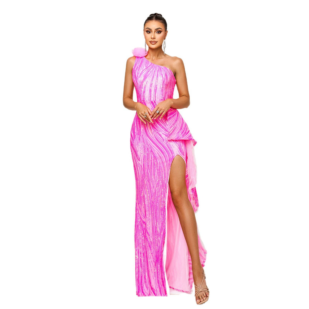 One - shoulder Diagonal Collar Sequined Slit Evening Dress - LADYLINE X