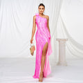 One - shoulder Diagonal Collar Sequined Slit Evening Dress - LADYLINE X