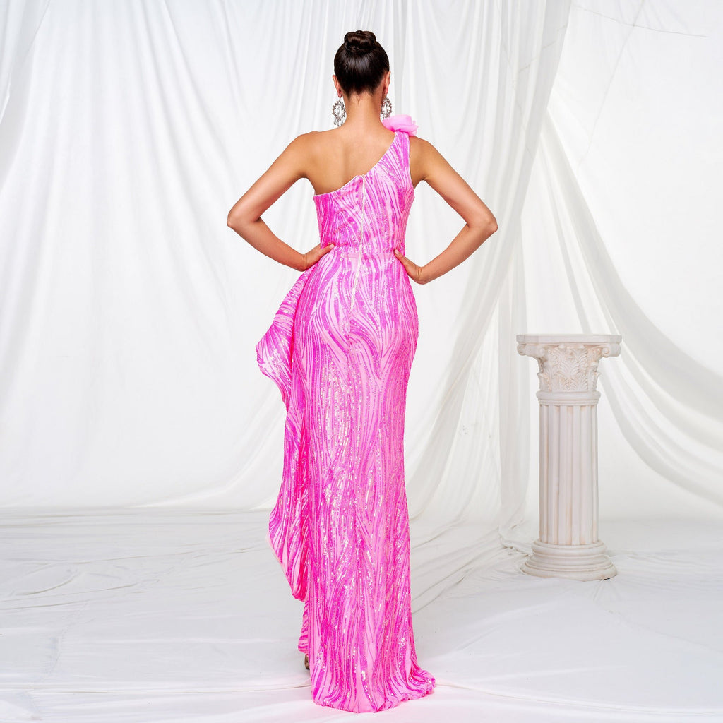 One - shoulder Diagonal Collar Sequined Slit Evening Dress - LADYLINE X