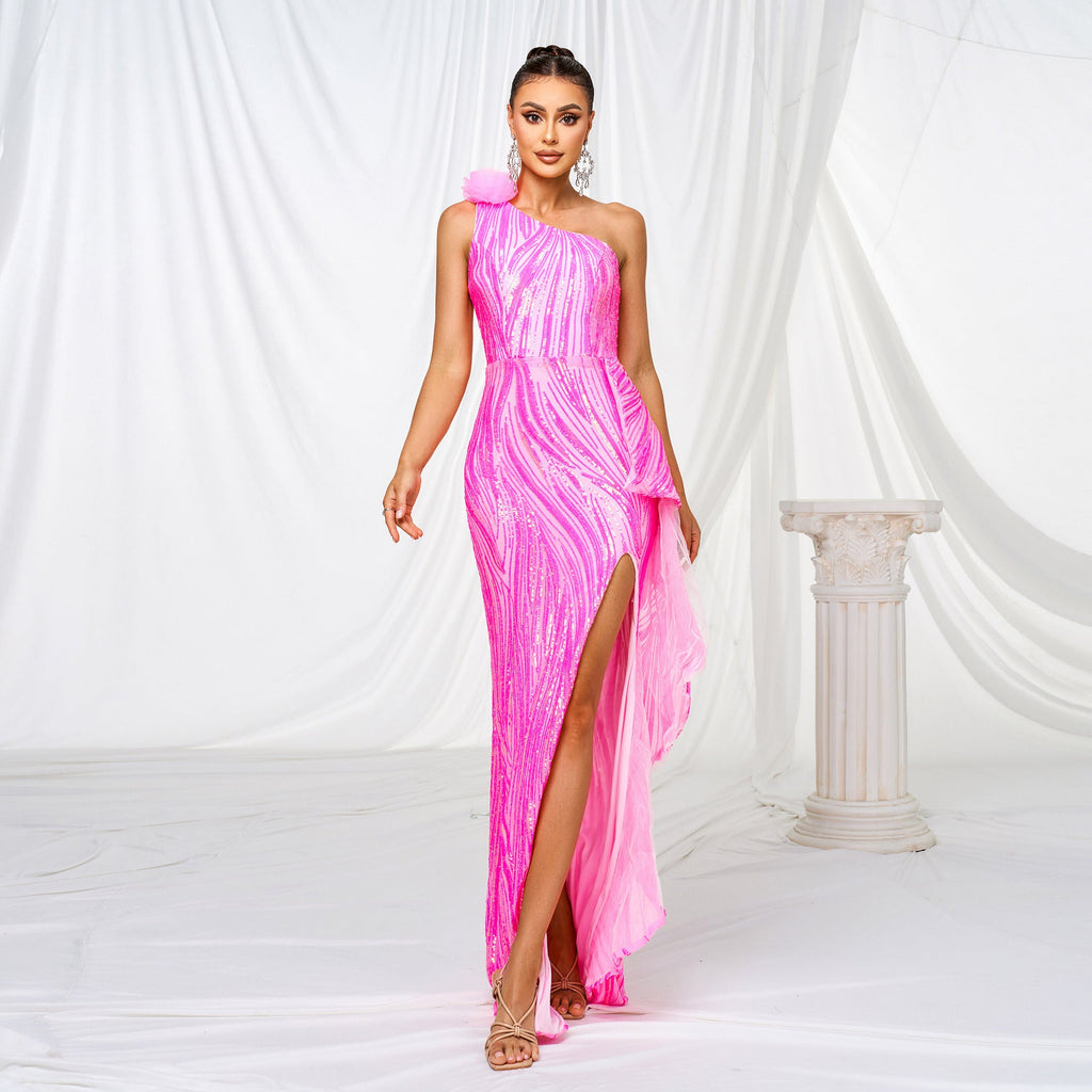 One - shoulder Diagonal Collar Sequined Slit Evening Dress - LADYLINE X