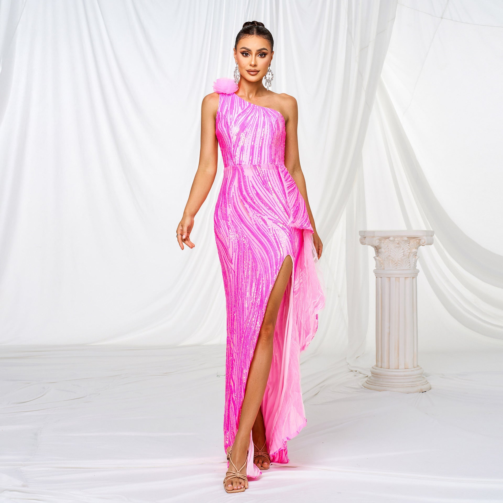 One - shoulder Diagonal Collar Sequined Slit Evening Dress - LADYLINE X