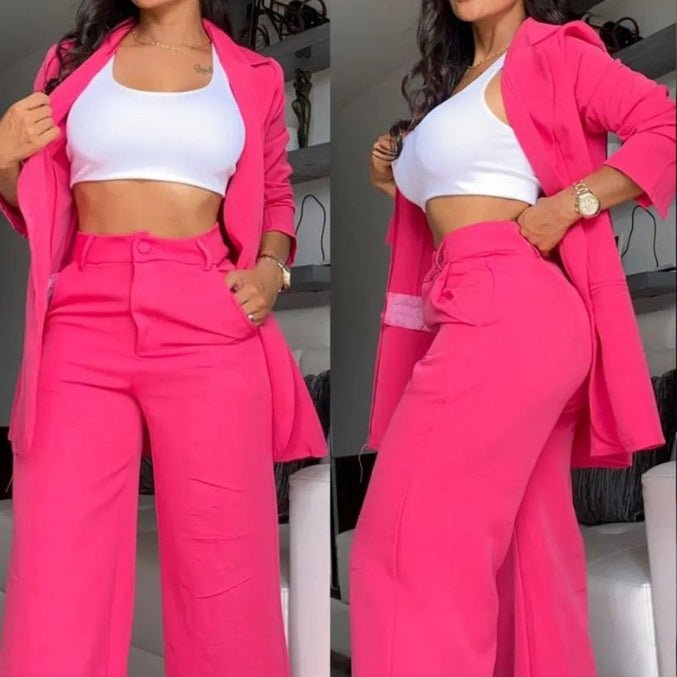 Plain Color Sleeve Lapel Suit Pocket Straight - leg Pants Suit - LADYLINE X