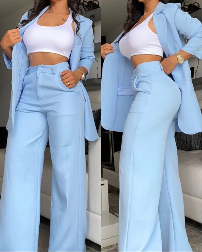 Plain Color Sleeve Lapel Suit Pocket Straight - leg Pants Suit - LADYLINE X