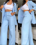 Plain Color Sleeve Lapel Suit Pocket Straight - leg Pants Suit - LADYLINE X