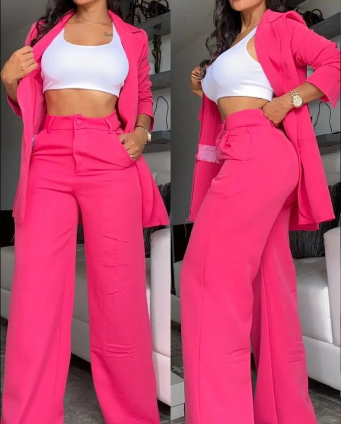 Plain Color Sleeve Lapel Suit Pocket Straight - leg Pants Suit - LADYLINE X