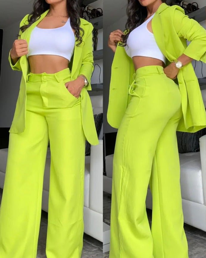 Plain Color Sleeve Lapel Suit Pocket Straight - leg Pants Suit - LADYLINE X