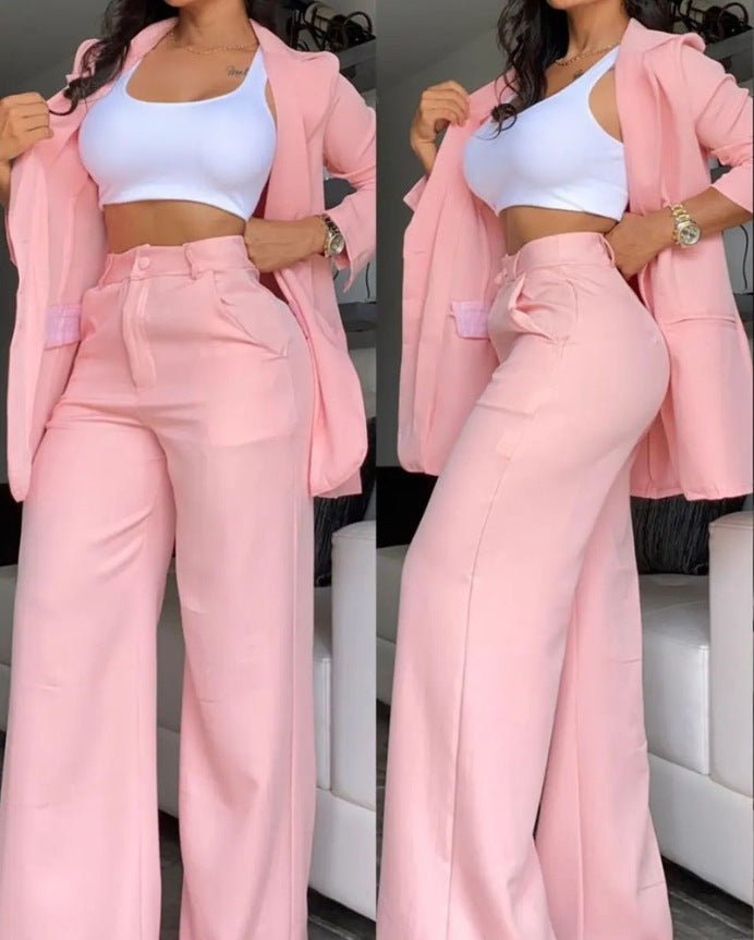 Plain Color Sleeve Lapel Suit Pocket Straight - leg Pants Suit - LADYLINE X