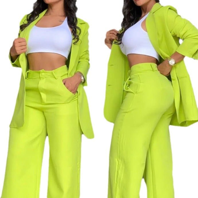Plain Color Sleeve Lapel Suit Pocket Straight - leg Pants Suit - LADYLINE X