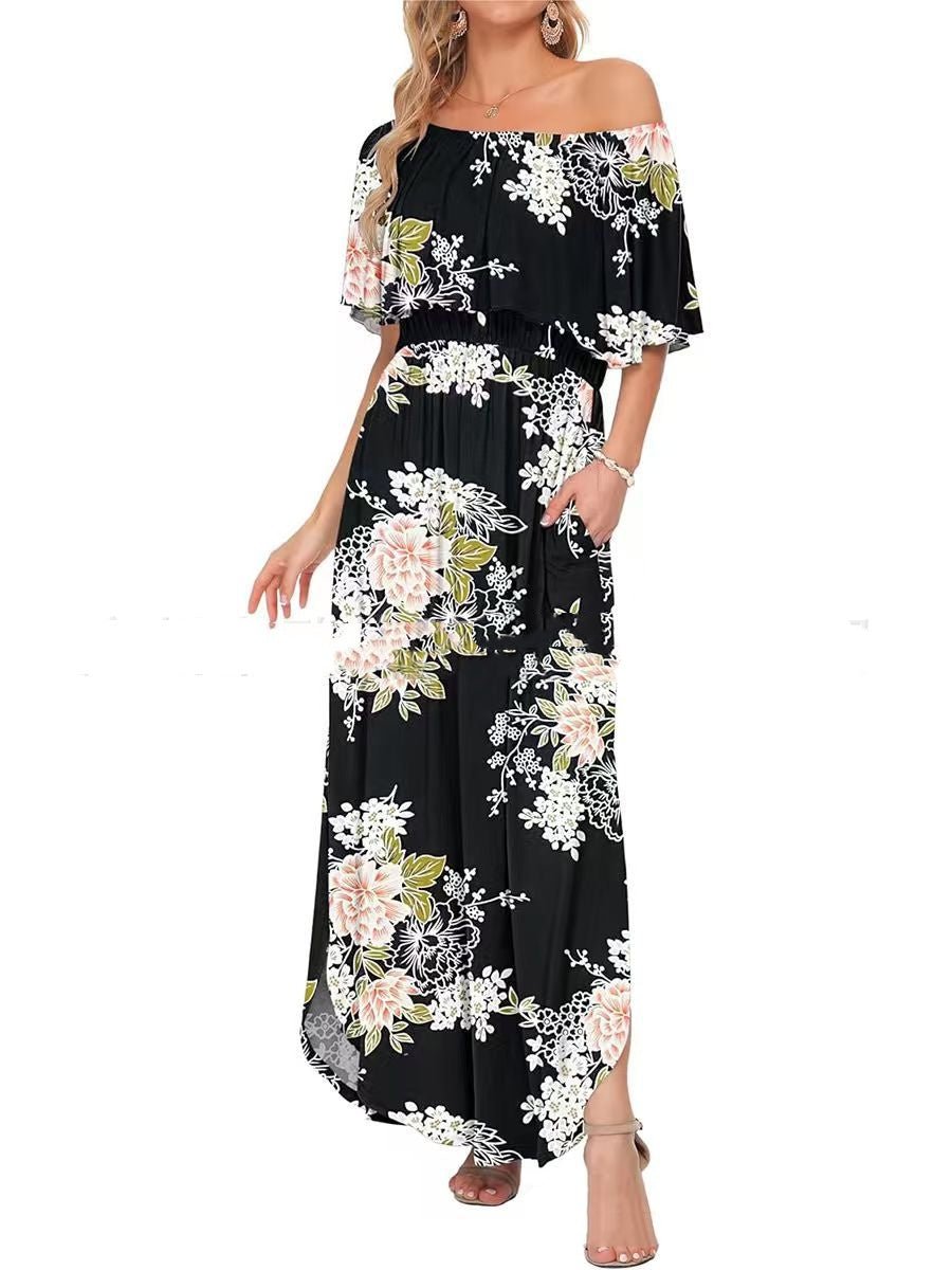 Printed Off - shoulder Short - sleeve Maxi Dress - LADYLINE X