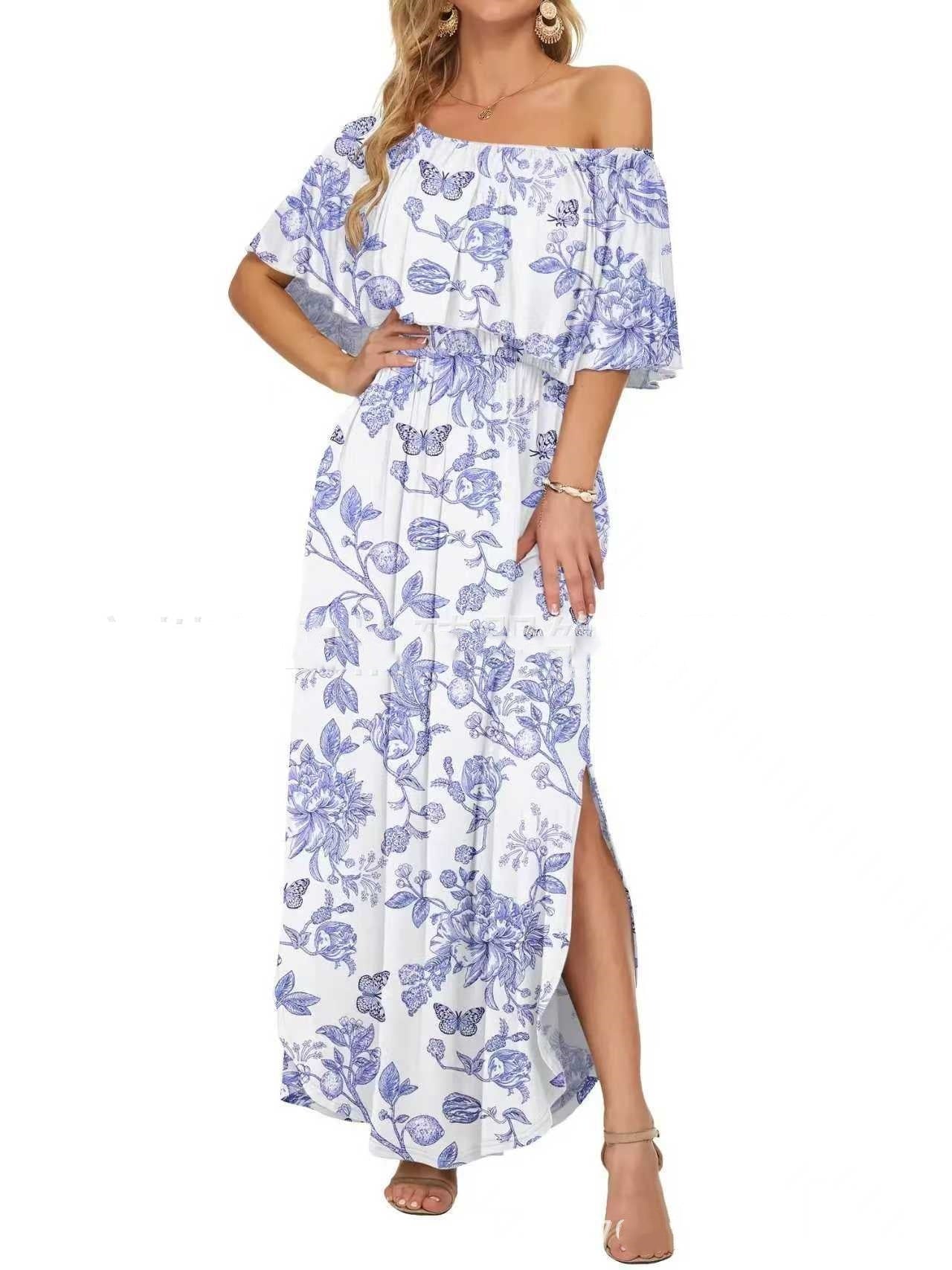 Printed Off - shoulder Short - sleeve Maxi Dress - LADYLINE X