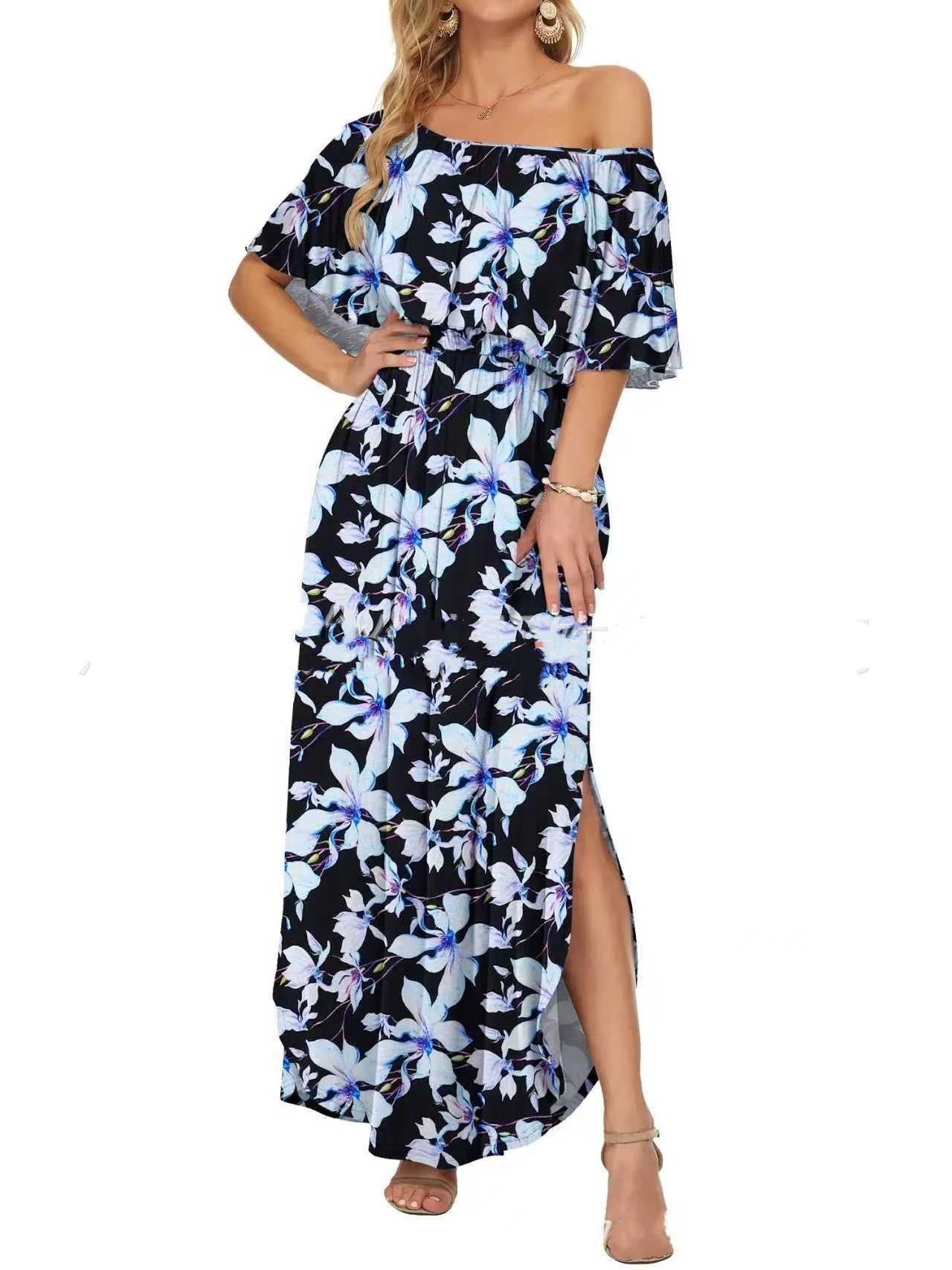 Printed Off - shoulder Short - sleeve Maxi Dress - LADYLINE X