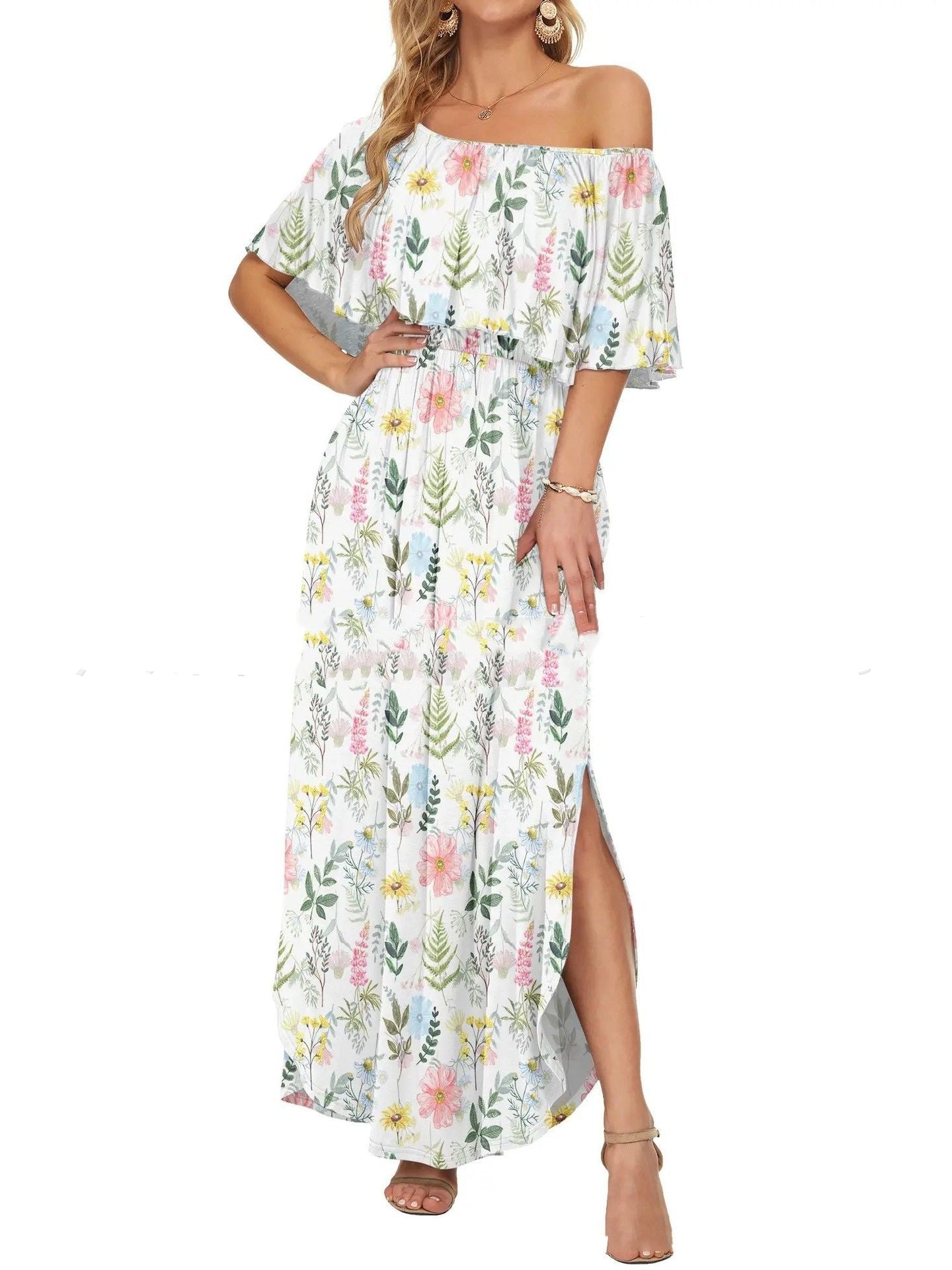 Printed Off - shoulder Short - sleeve Maxi Dress - LADYLINE X