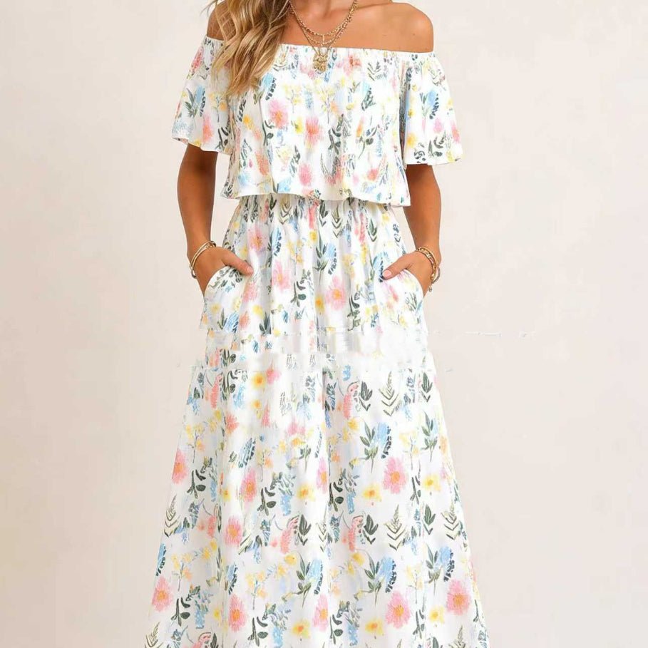 Printed Off - shoulder Short - sleeve Maxi Dress - LADYLINE X