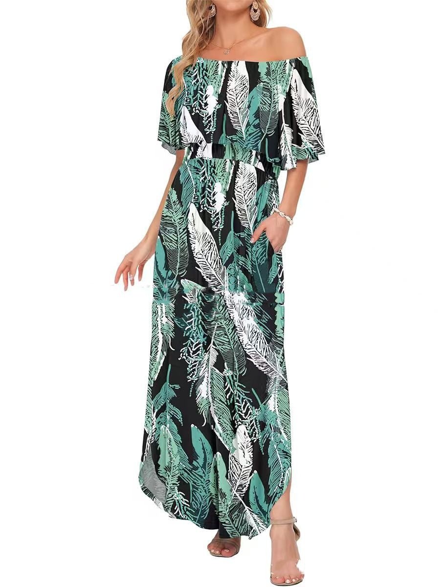 Printed Off - shoulder Short - sleeve Maxi Dress - LADYLINE X