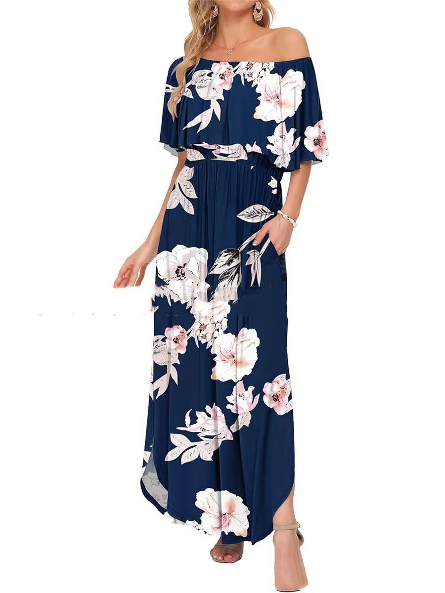 Printed Off - shoulder Short - sleeve Maxi Dress - LADYLINE X