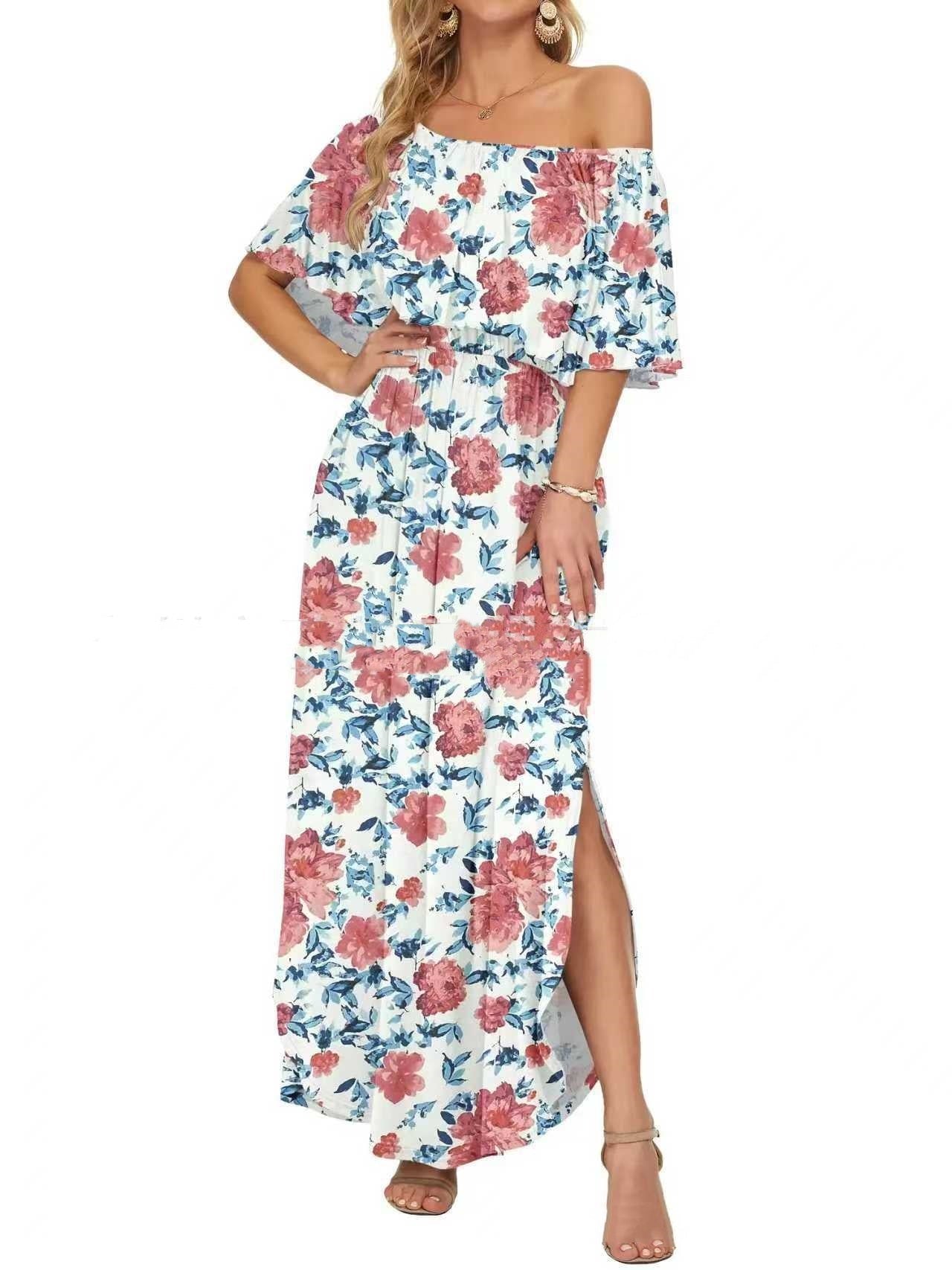Printed Off - shoulder Short - sleeve Maxi Dress - LADYLINE X