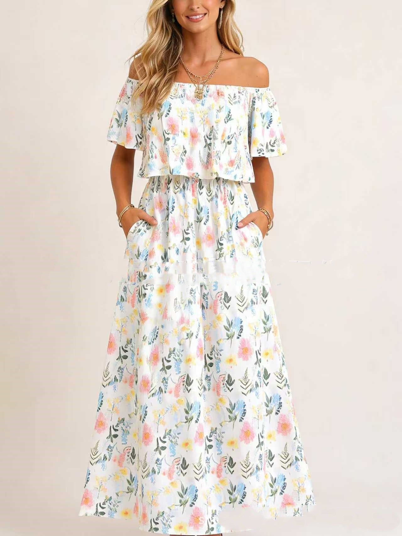 Printed Off - shoulder Short - sleeve Maxi Dress - LADYLINE X