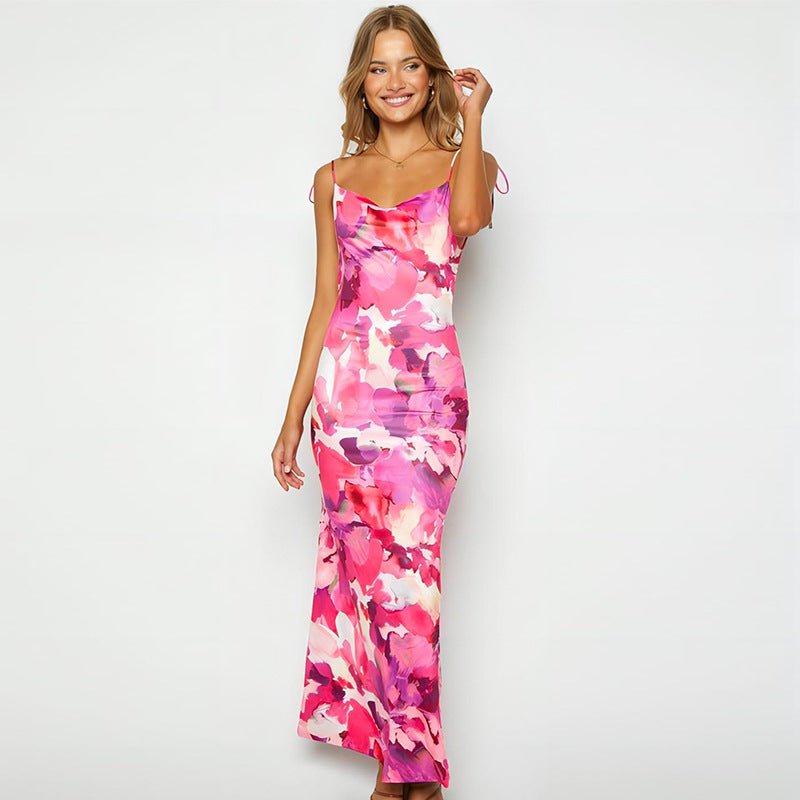 Printed Sexy Backless Waist Cinching Sheath Slip Dress - LADYLINE X