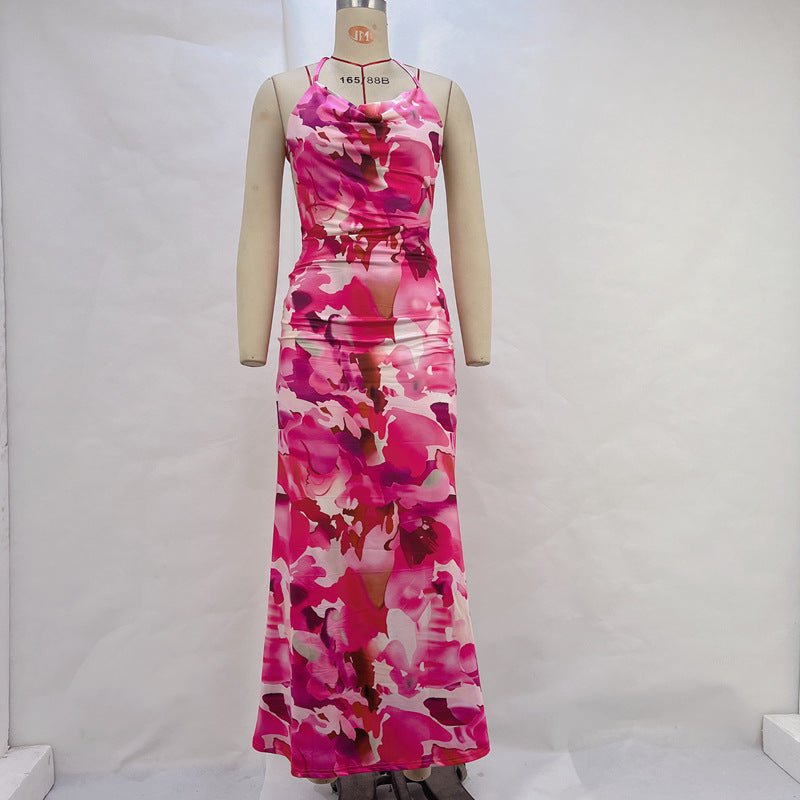 Printed Sexy Backless Waist Cinching Sheath Slip Dress - LADYLINE X