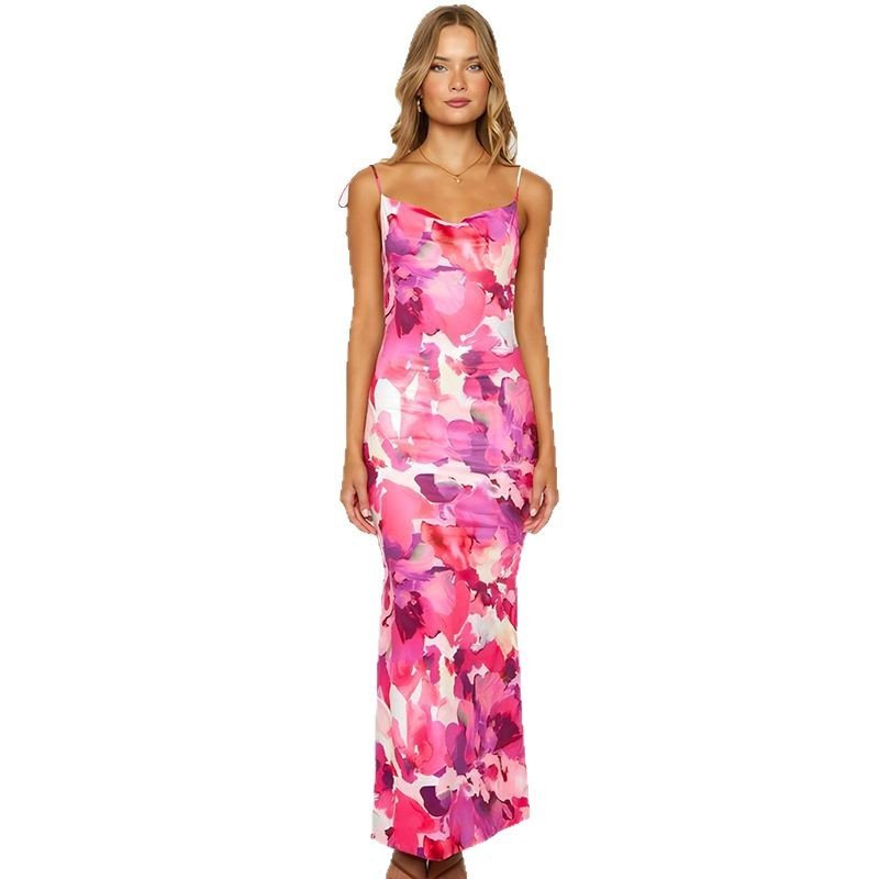 Printed Sexy Backless Waist Cinching Sheath Slip Dress - LADYLINE X