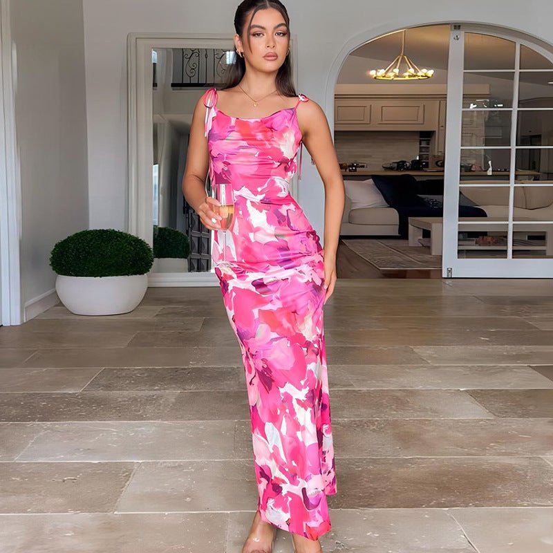 Printed Sexy Backless Waist Cinching Sheath Slip Dress - LADYLINE X