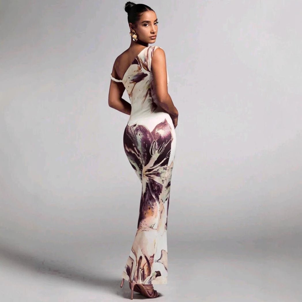 Printed Sleeveless Pleated One - Shoulder Slim - fit Maxi Dress - LADYLINE X