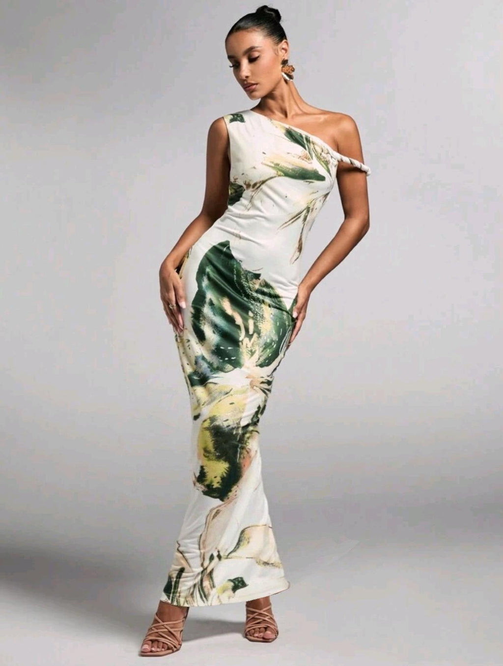 Printed Sleeveless Pleated One - Shoulder Slim - fit Maxi Dress - LADYLINE X