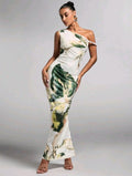 Printed Sleeveless Pleated One - Shoulder Slim - fit Maxi Dress - LADYLINE X