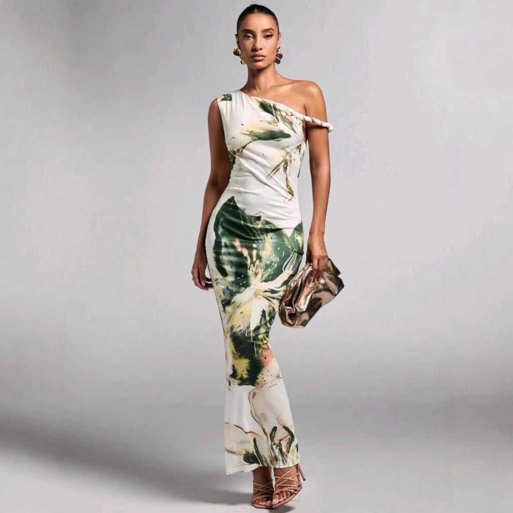 Printed Sleeveless Pleated One - Shoulder Slim - fit Maxi Dress - LADYLINE X