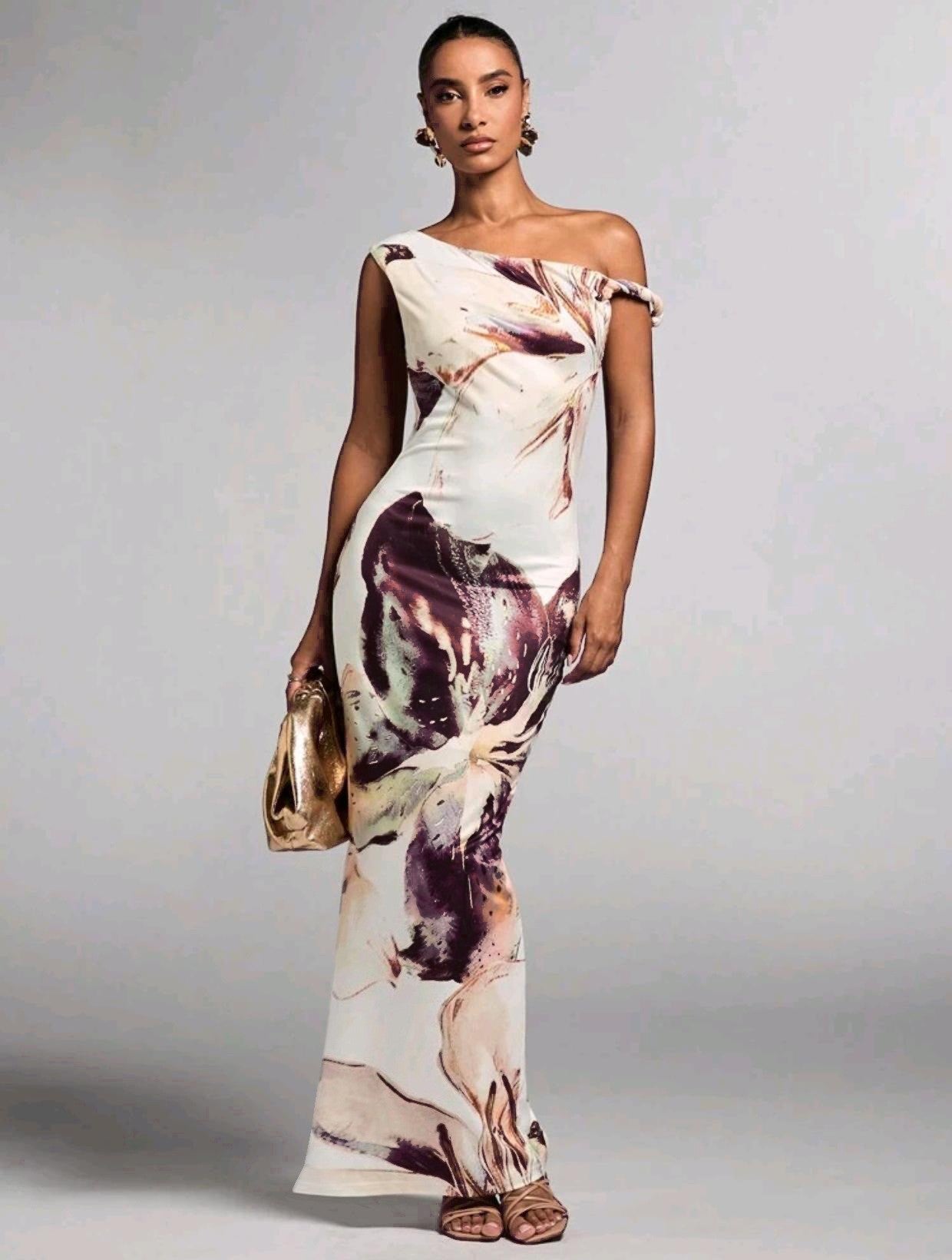 Printed Sleeveless Pleated One - Shoulder Slim - fit Maxi Dress - LADYLINE X