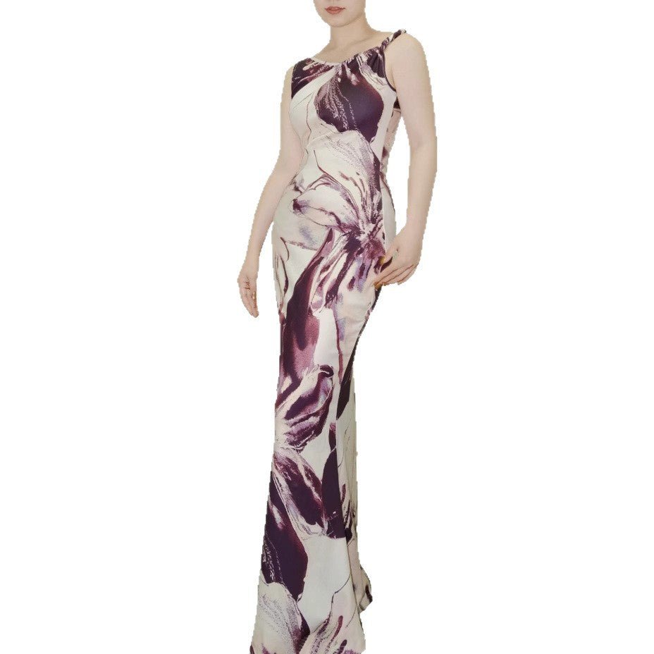 Printed Sleeveless Pleated One - Shoulder Slim - fit Maxi Dress - LADYLINE X