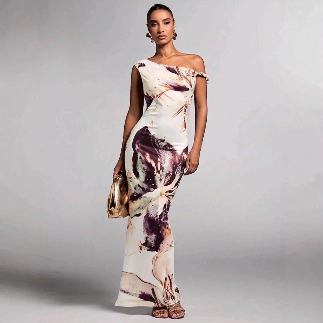 Printed Sleeveless Pleated One - Shoulder Slim - fit Maxi Dress - LADYLINE X