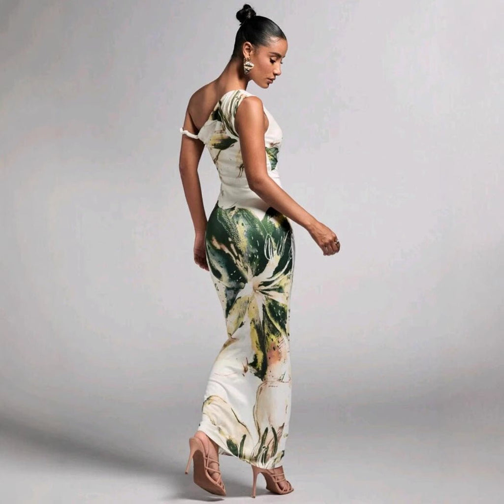 Printed Sleeveless Pleated One - Shoulder Slim - fit Maxi Dress - LADYLINE X