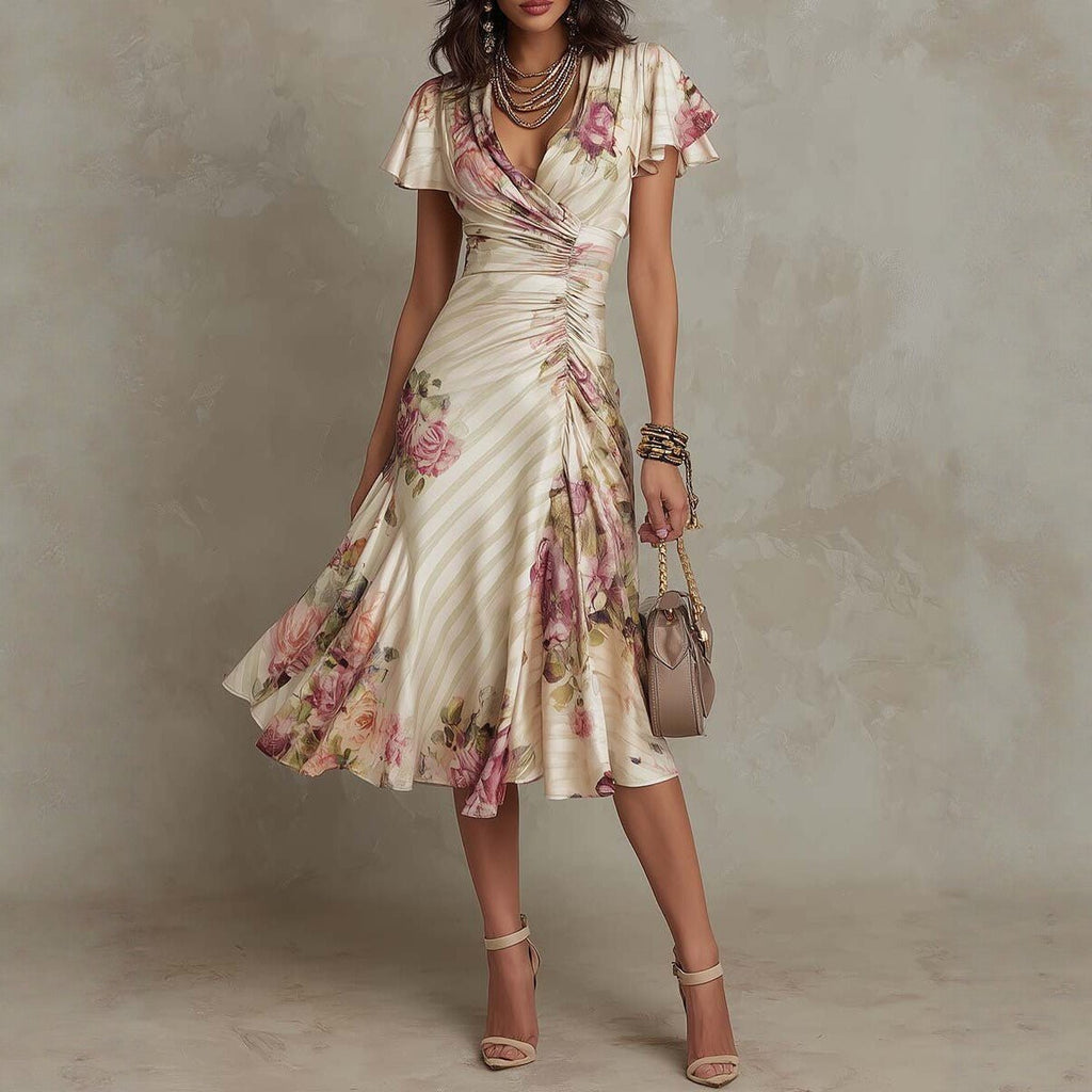 Printed V - neck Defined Waistline Ruffled Hem Dress - LADYLINE X