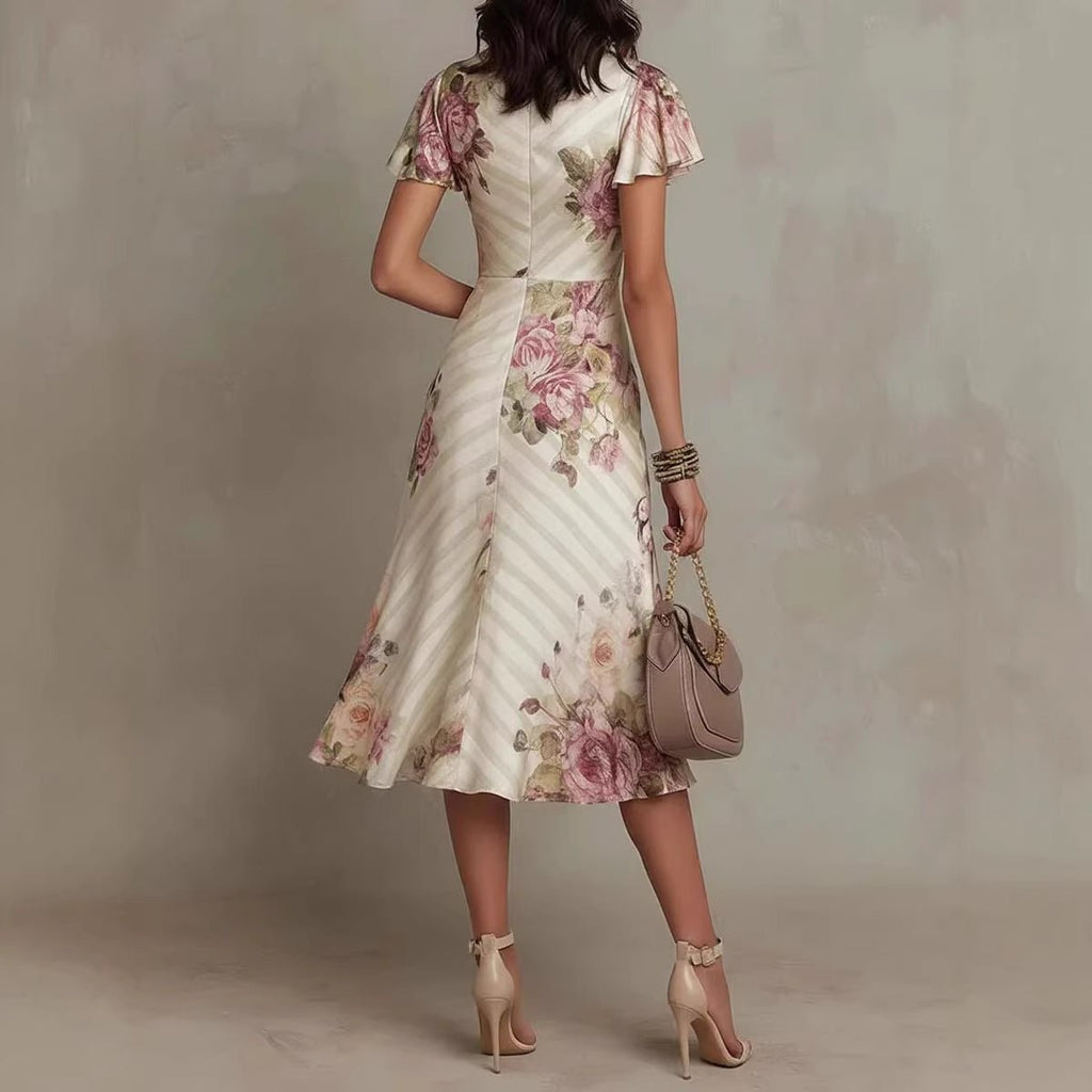 Printed V - neck Defined Waistline Ruffled Hem Dress - LADYLINE X
