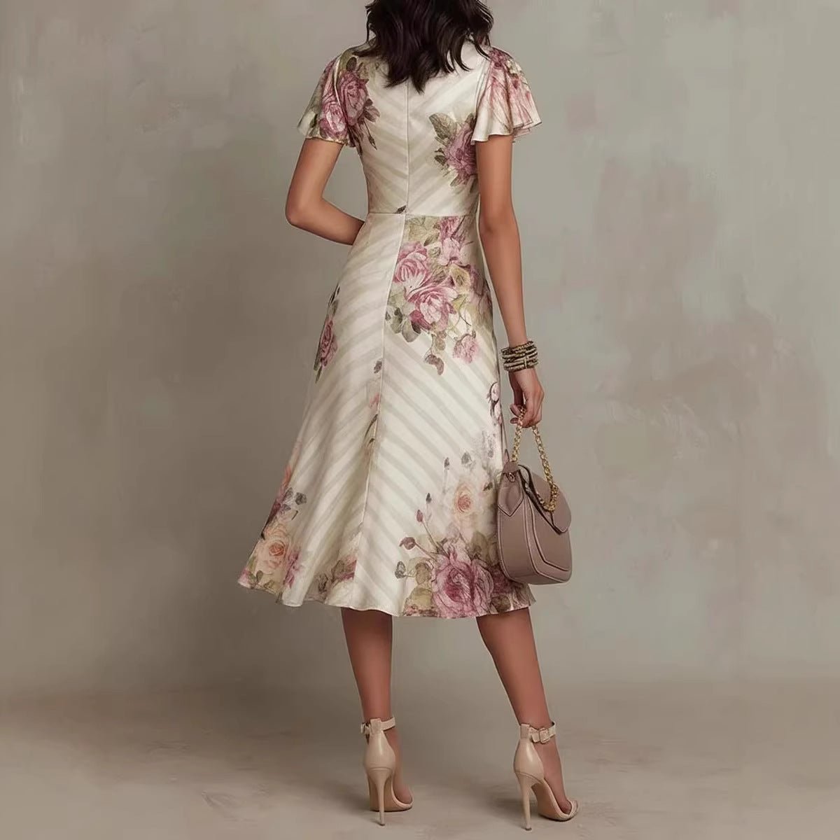 Printed V - neck Defined Waistline Ruffled Hem Dress - LADYLINE X