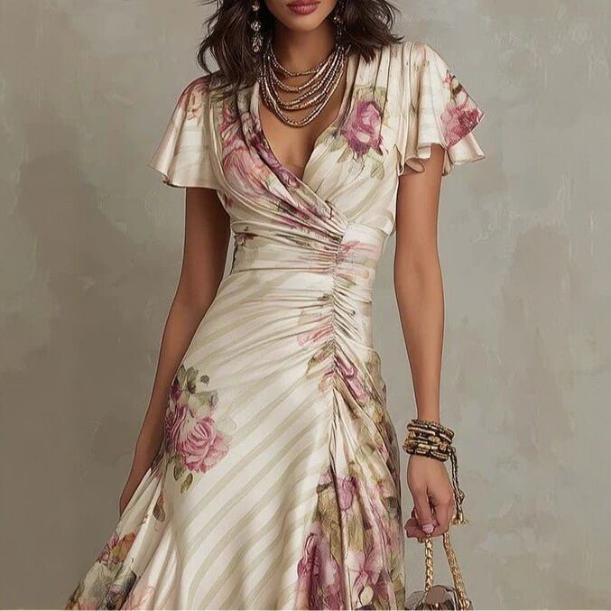 Printed V - neck Defined Waistline Ruffled Hem Dress - LADYLINE X