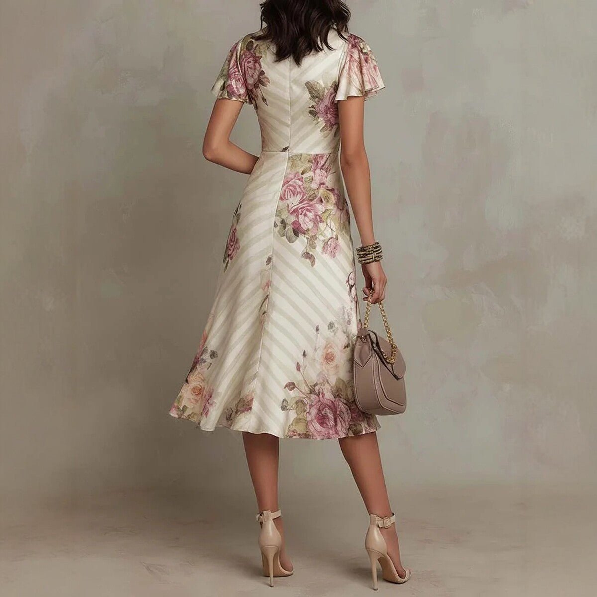 Printed V - neck Defined Waistline Ruffled Hem Dress - LADYLINE X