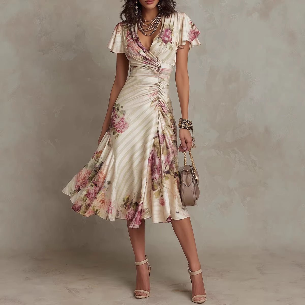 Printed V - neck Defined Waistline Ruffled Hem Dress - LADYLINE X