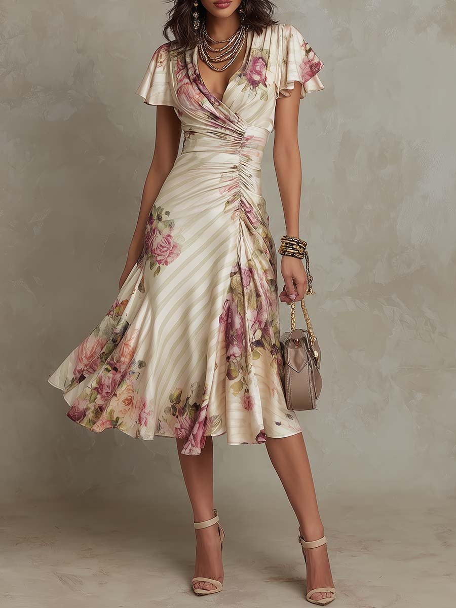Printed V - neck Defined Waistline Ruffled Hem Dress - LADYLINE X