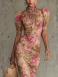 Puff - sleeve Printed Slim - fit Long Pleated Dress - LADYLINE X