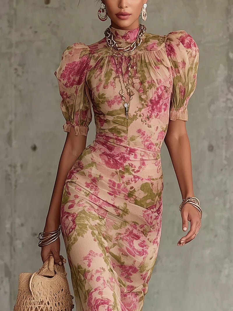 Puff - sleeve Printed Slim - fit Long Pleated Dress - LADYLINE X
