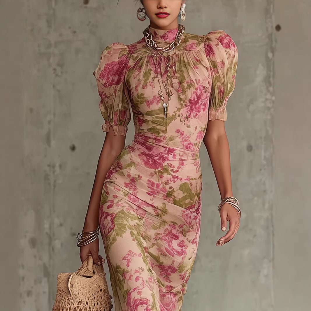 Puff - sleeve Printed Slim - fit Long Pleated Dress - LADYLINE X
