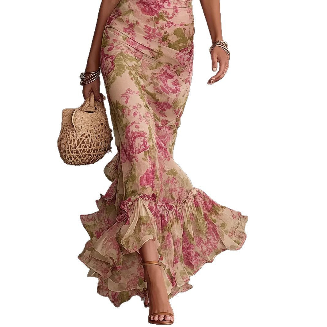Puff - sleeve Printed Slim - fit Long Pleated Dress - LADYLINE X