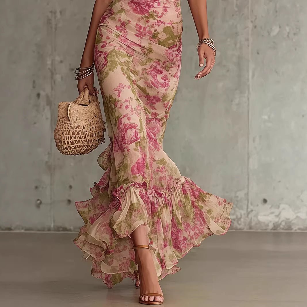 Puff - sleeve Printed Slim - fit Long Pleated Dress - LADYLINE X