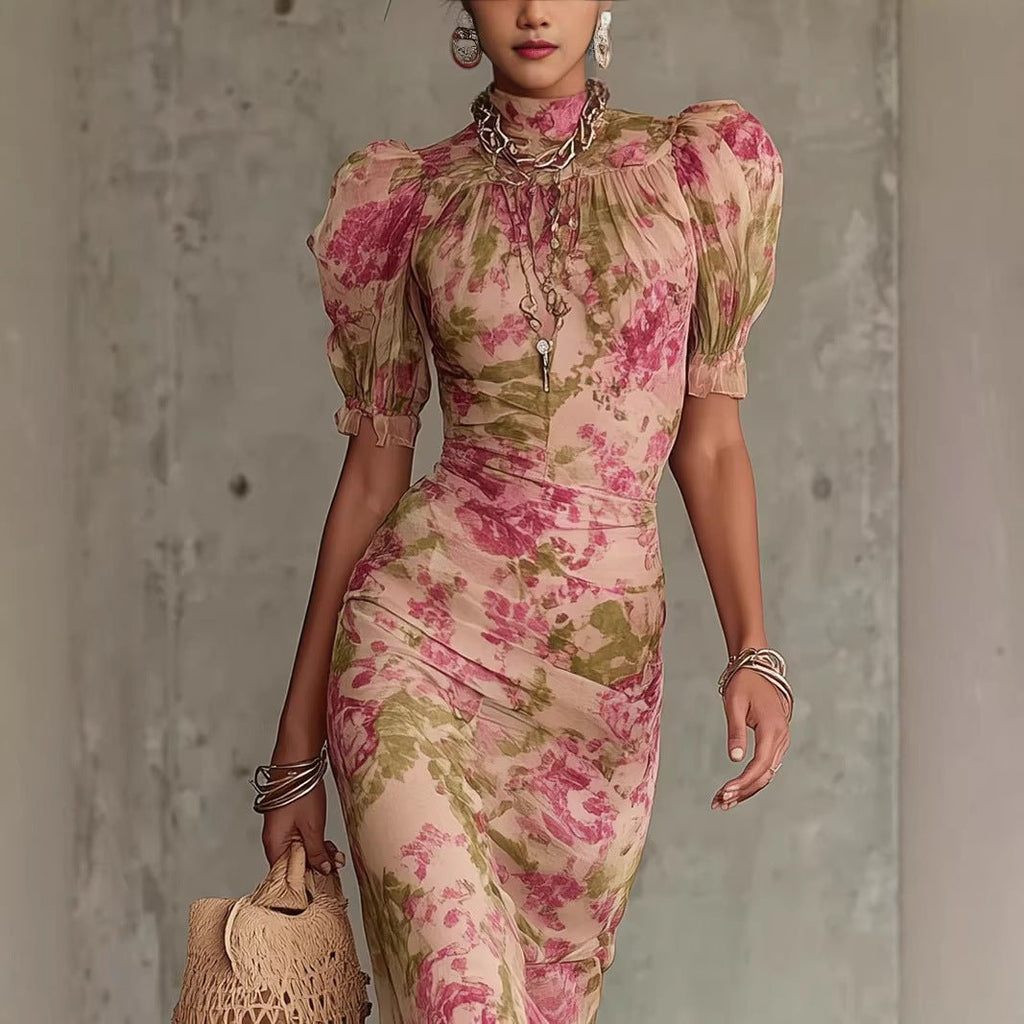 Puff - sleeve Printed Slim - fit Long Pleated Dress - LADYLINE X
