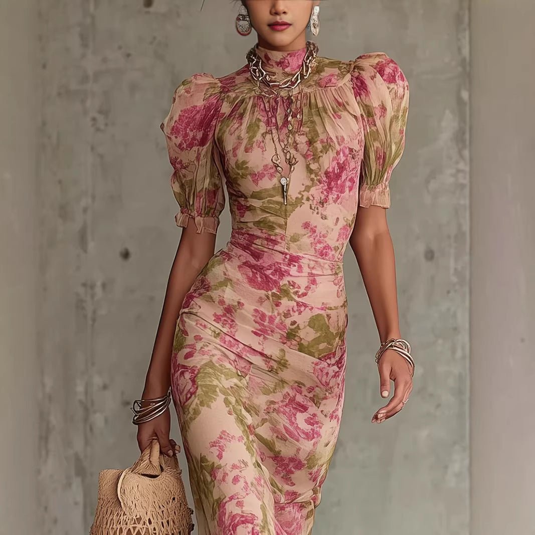 Puff - sleeve Printed Slim - fit Long Pleated Dress - LADYLINE X