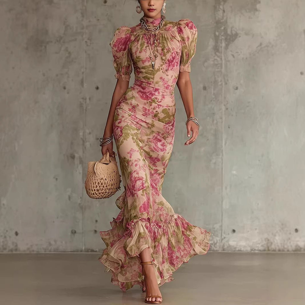 Puff - sleeve Printed Slim - fit Long Pleated Dress - LADYLINE X