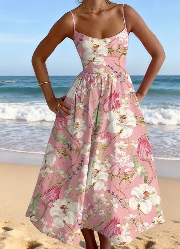 Resort - style Floral Print Sundress With Fitted Waist And Full Skirt For Women - LADYLINE X