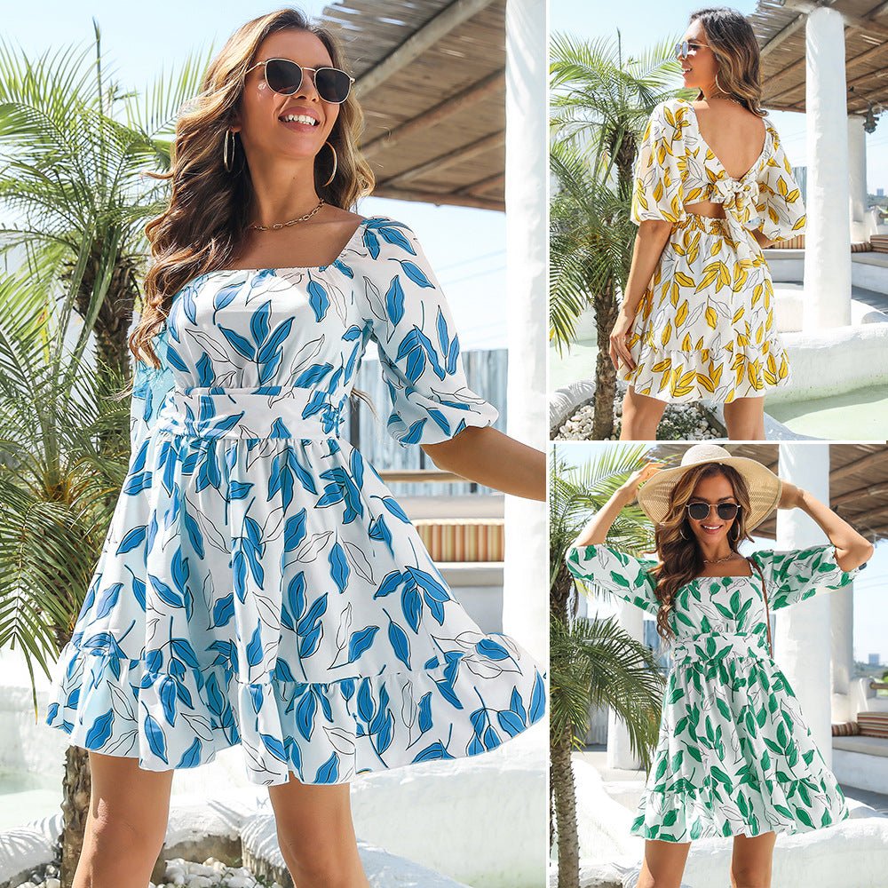 Resort - style Ruffled Square - neck Tie - front Short Skirt - LADYLINE X